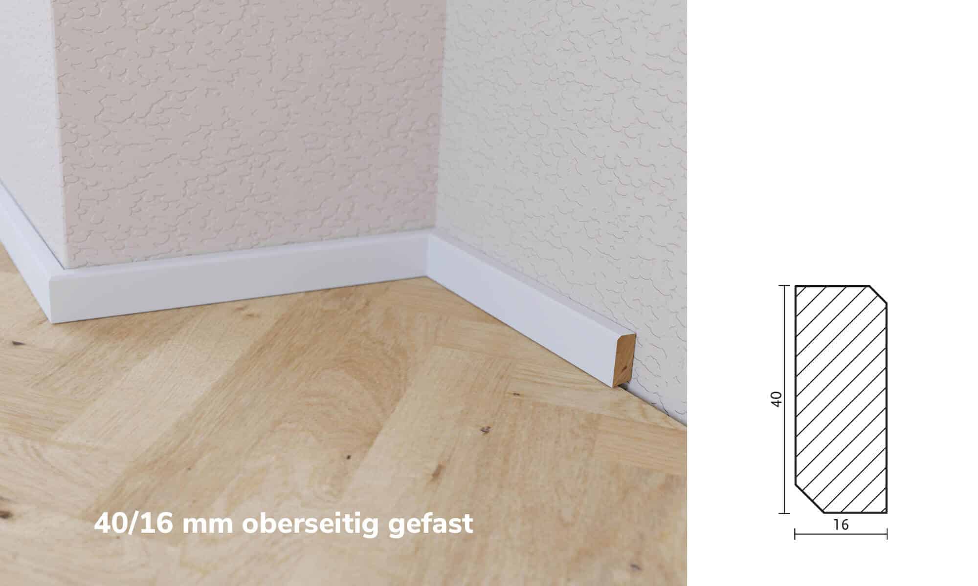 Weiße Leiste 40x16 mm oberseitig gefast Raumbild weiße Leiste oberseitig gefast