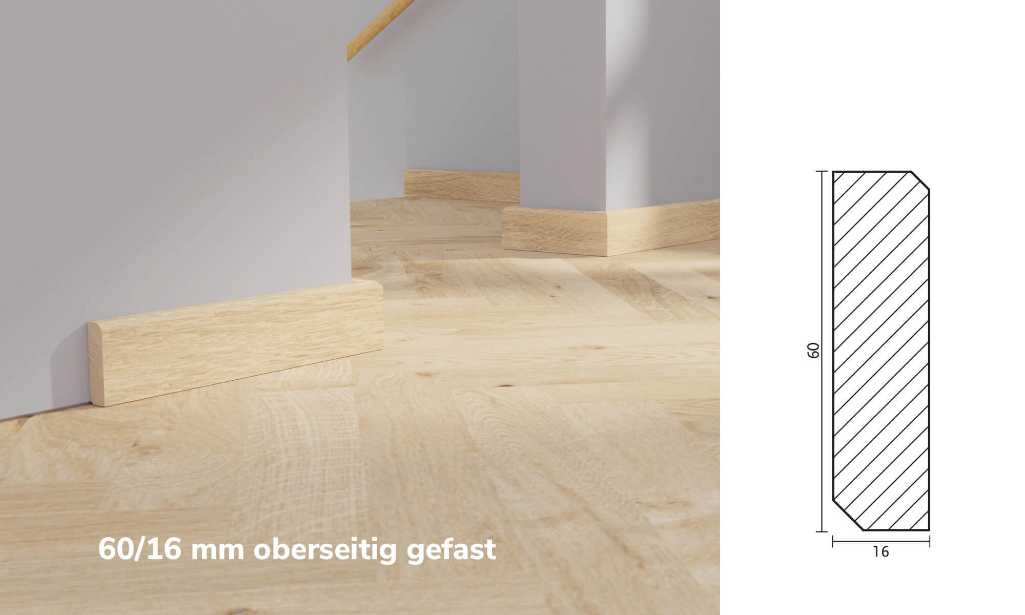 Fußleiste 60/16mm oberseitig gefast Raumbild Fußleisten 60/16mm oberseitig gefast