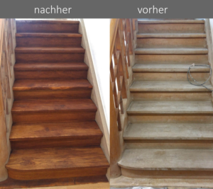 Renovierung einer alten Holztreppe Vorher nachher Vergleich einer überarbeiteten Holztreppe