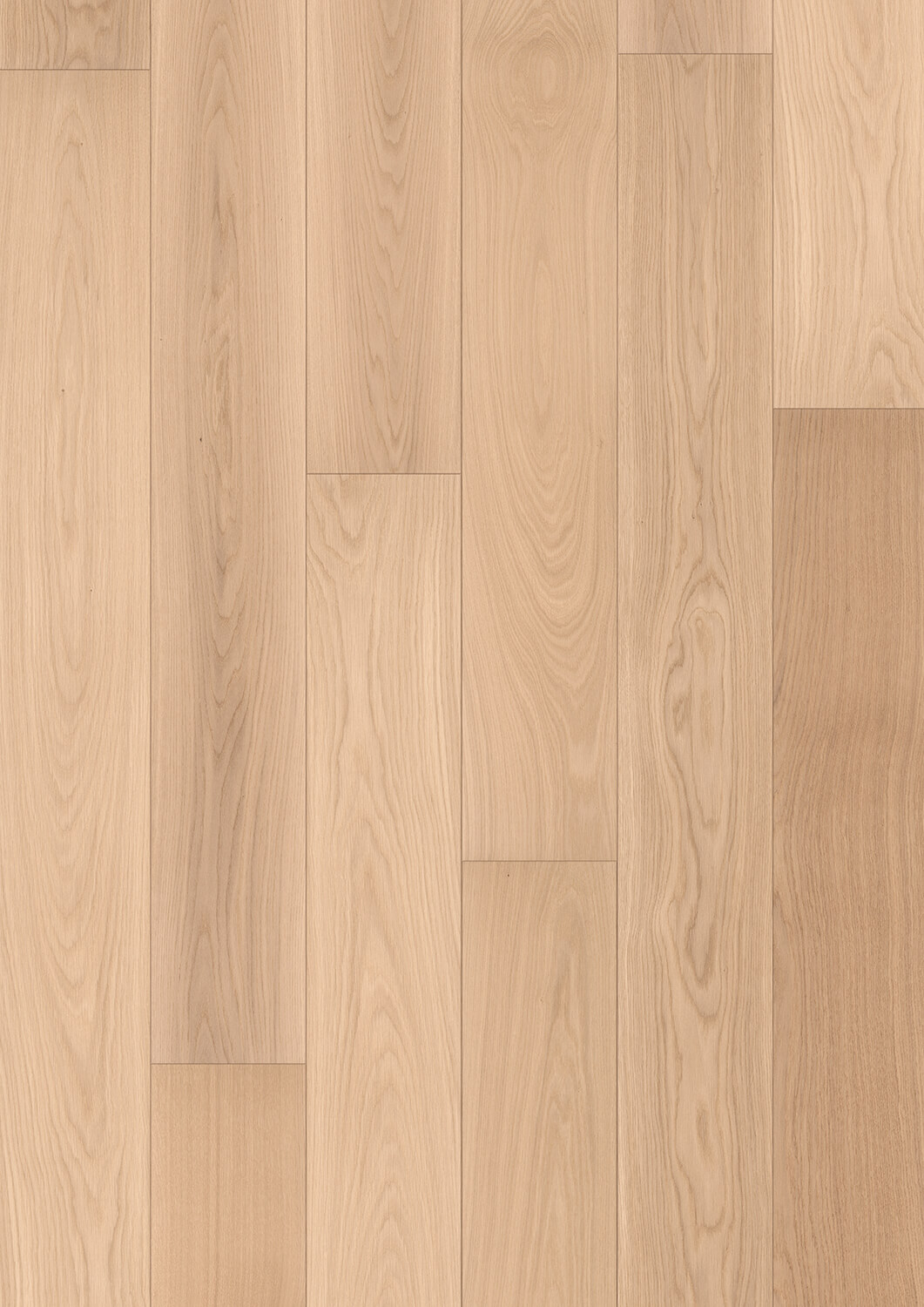Landhausdiele Deluxe Eiche weiß Premium, geölt Nahaufnahme einer nahezu astfreien Landhausdiele in Eiche weiß Premium – ruhige, elegante Wirkung mit fein geölter Oberfläche
